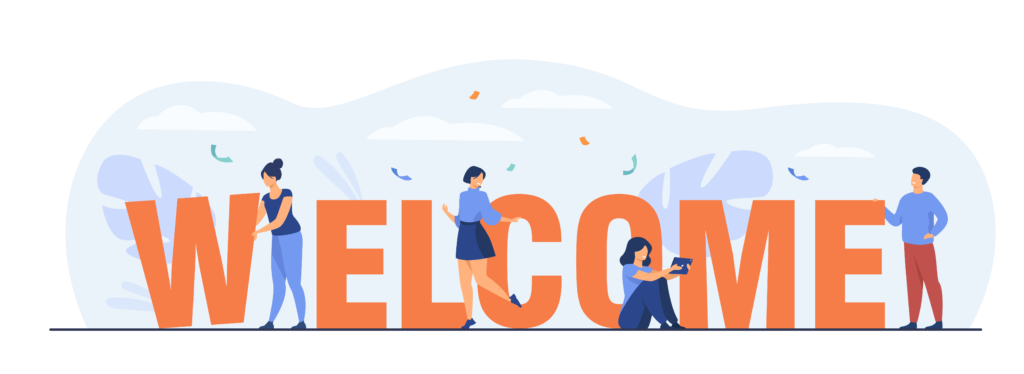 Happy tiny people near huge welcome word